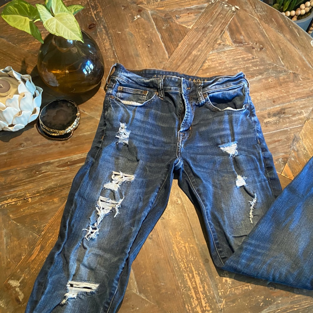 Men’s American Eagle Skinny Jeans Denim Dark Wash Blue Distressed SZ 31x32